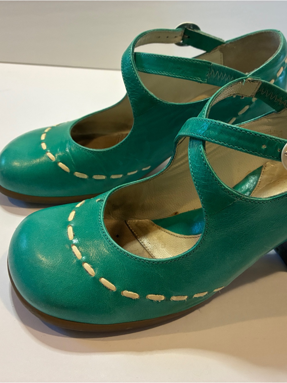 Fluevog Operetta Teal Mary Jane Shoes with White Stitch Detail
